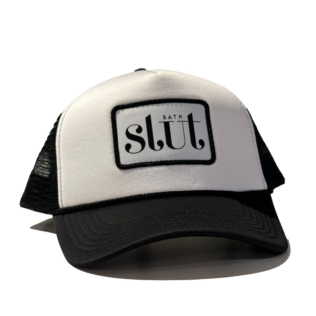Black and white trucker hat with patch