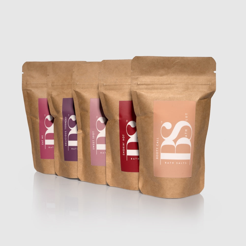 Bath Slut bath salts gift set: five single-soak pouches of Epsom and Dead Sea salts in Booty Call, Delicious Torment, Eat Me, Smokin' Hot and Sweet Spot