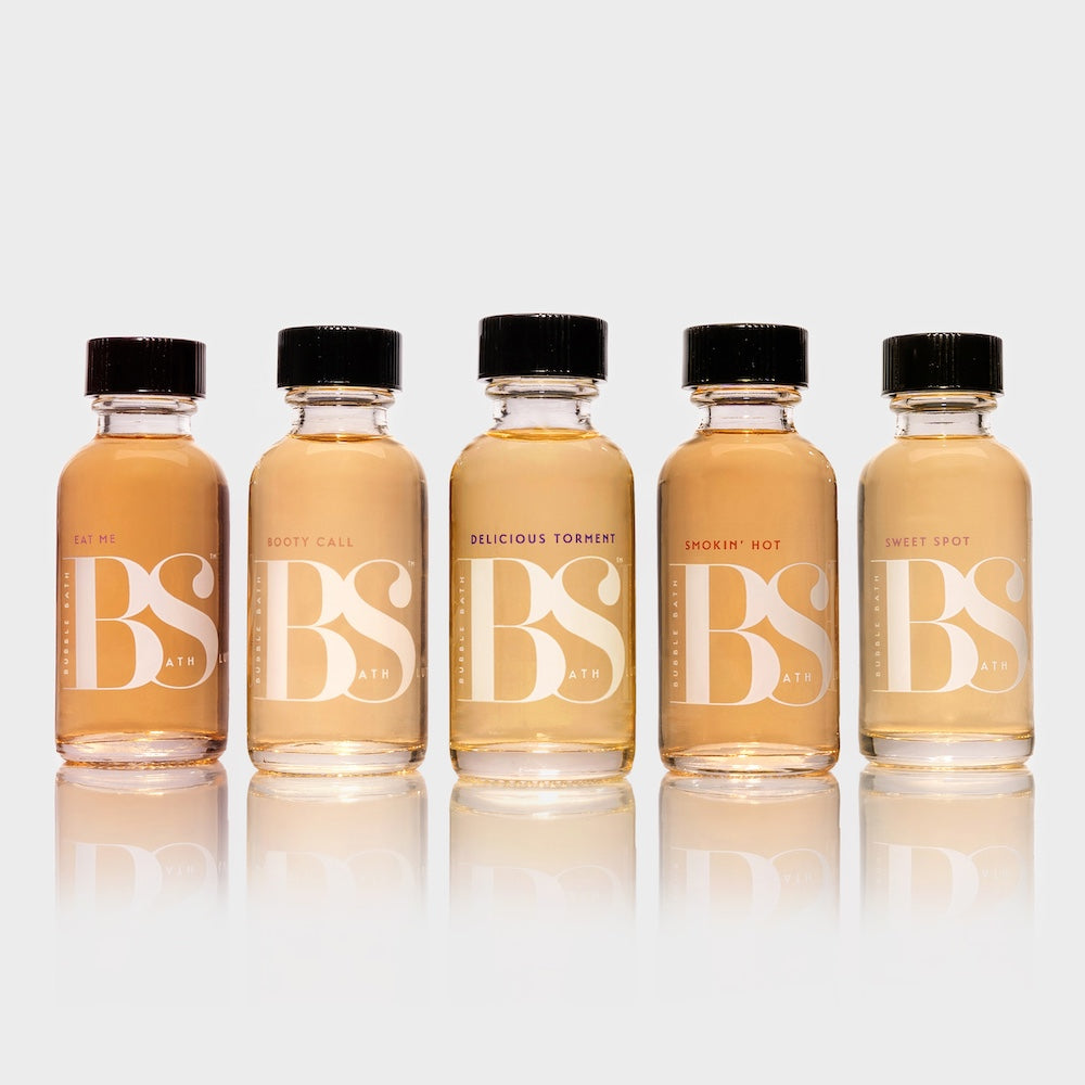 Bath Slut Five-Night Stand bubble bath discovery set: five 1 oz glass bottles in Booty Call, Delicious Torment, Eat Me, Smokin' Hot and Sweet Spot