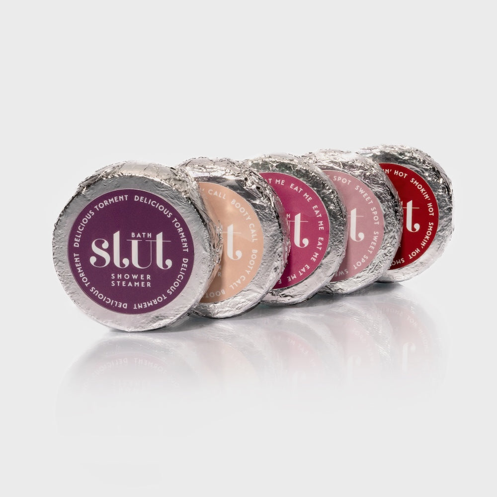 Bath Slut shower steamers in five scents: Booty Call, Delicious Torment, Eat Me, Smokin' Hot and Sweet Spot