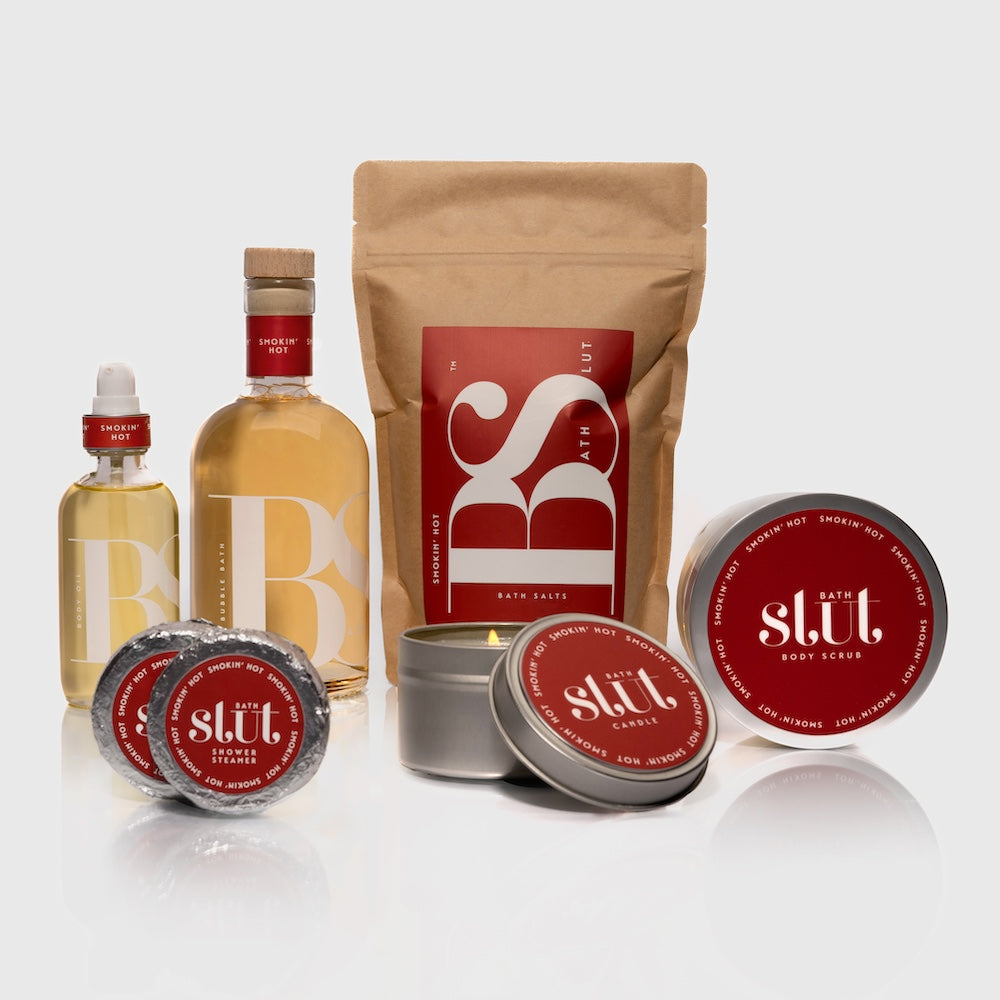 Bath Slut Ultimate Sexy Self-Care Collection in Smokin' Hot: bubble bath, bath salts, body scrub, body oil, shower steamers and soy candle